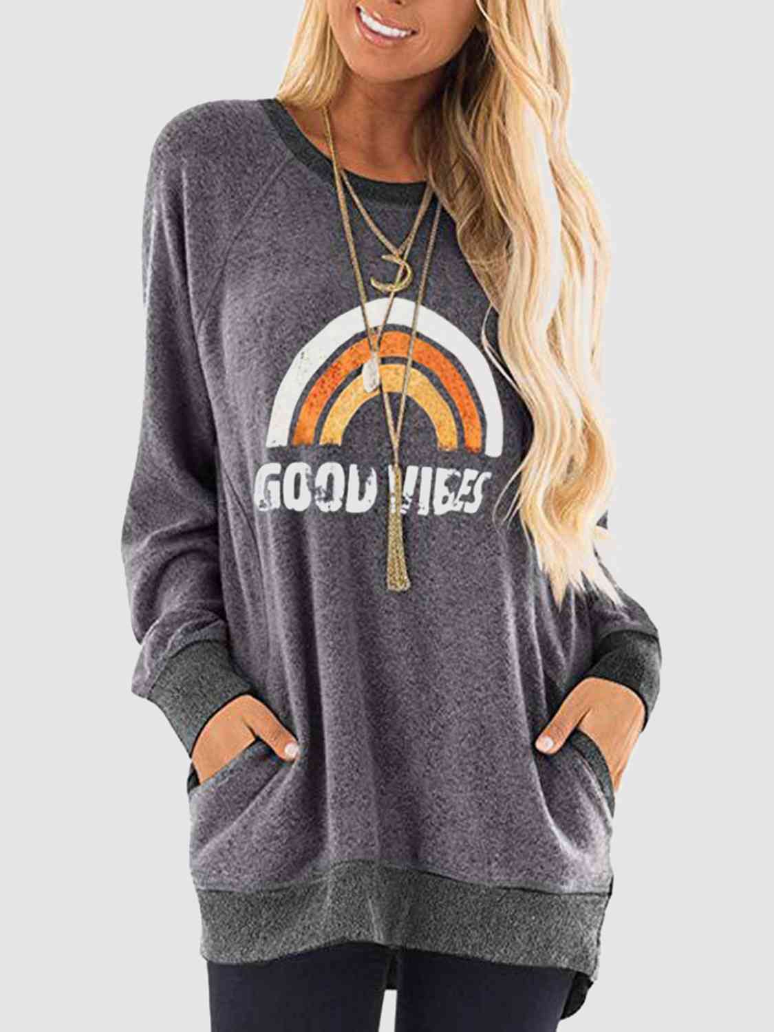 Rainbow Graphic Round Neck Sweatshirt with Pockets