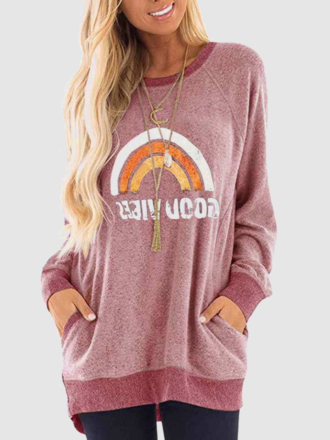 Rainbow Graphic Round Neck Sweatshirt with Pockets